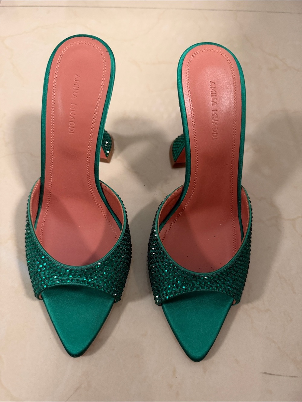Amina Muaddi Green Crystal Satin Mules